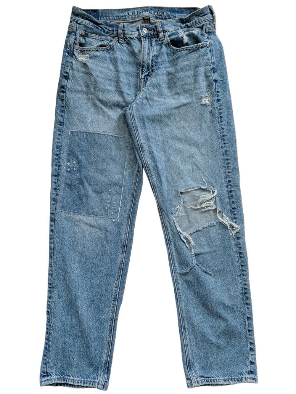 American Eagle Womens Medium Blue Strigid 90s Straight Ripped Patchwork Jeans 6R